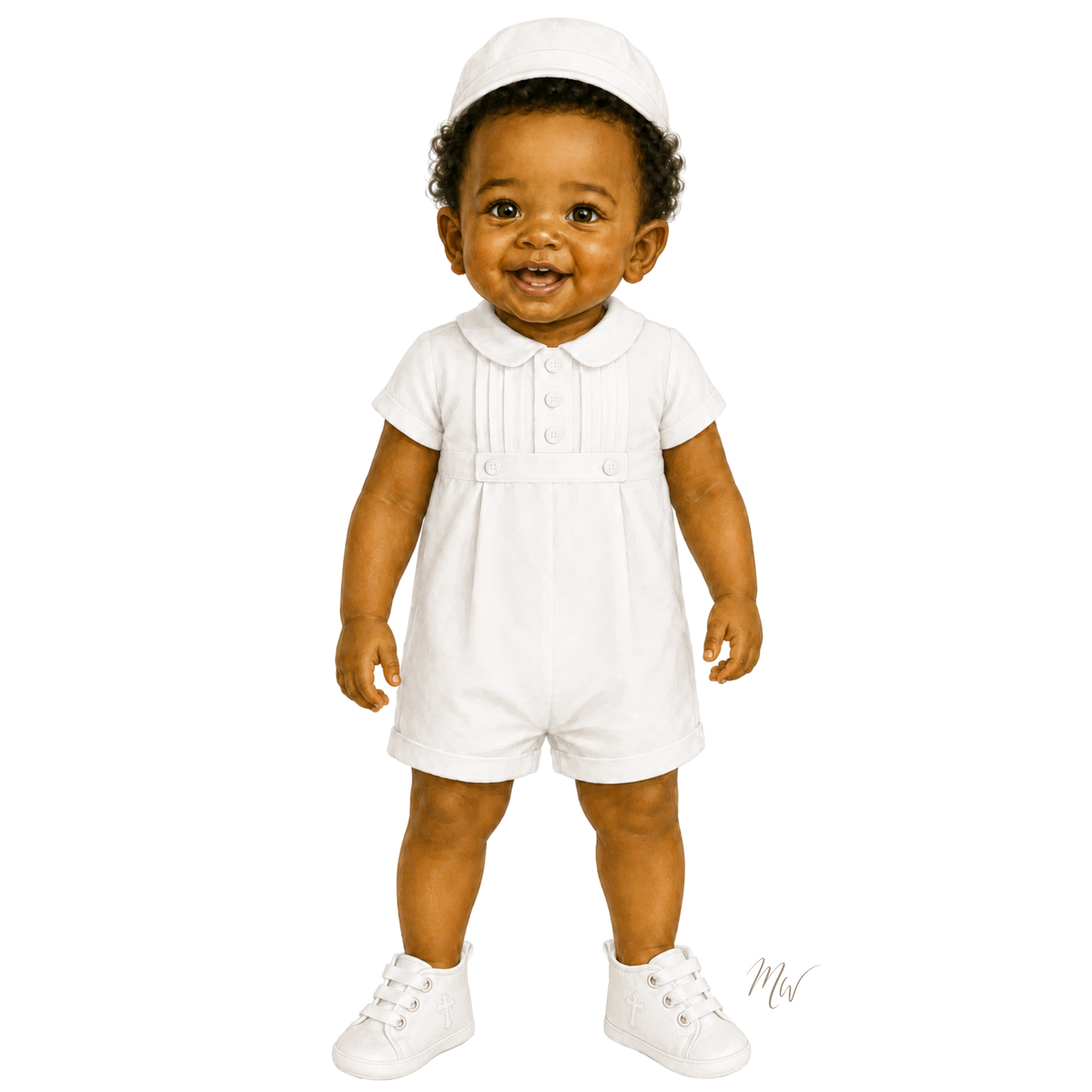 Watercolor drawing of baby boy in christening romper
