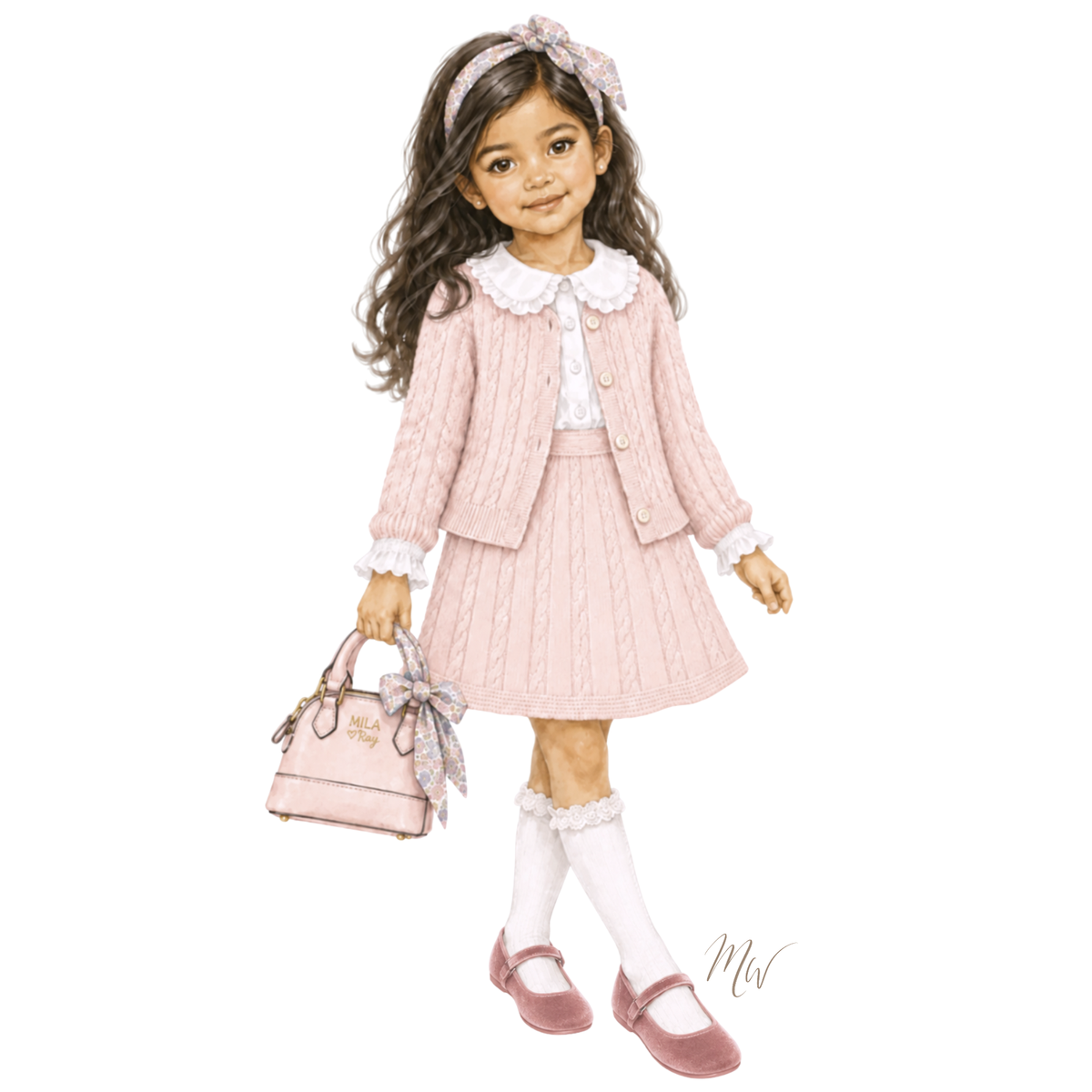 THE COLETTE | Girl Pink Cable Knit Cardigan & Skirt Ensemble