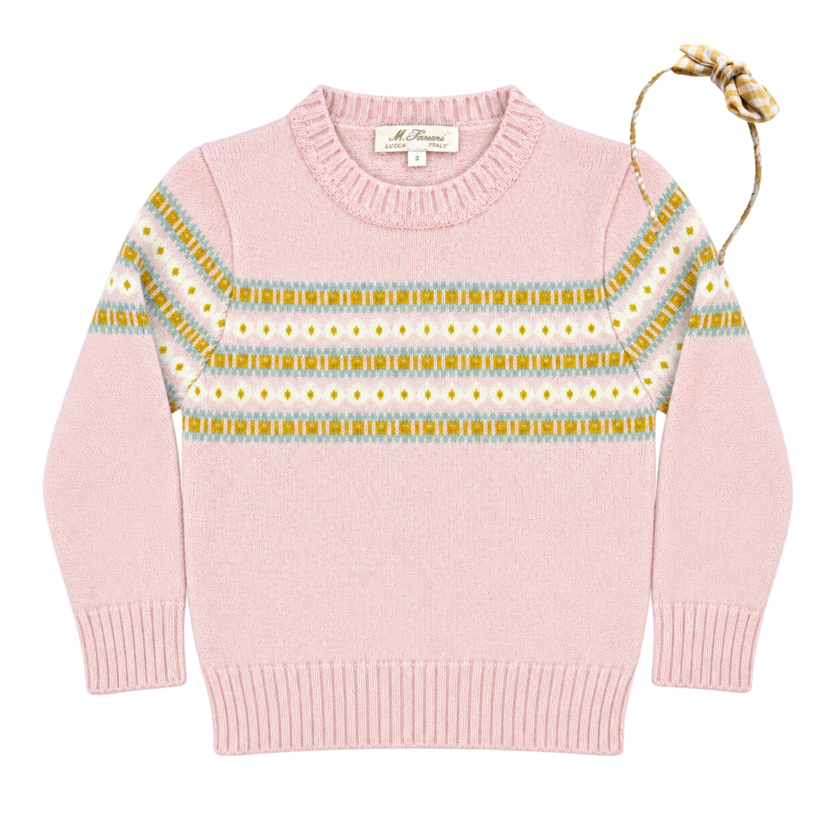 THE ISLA | Girl Pink Fair Isle Sweater & Plaid Bow Headband Pairing