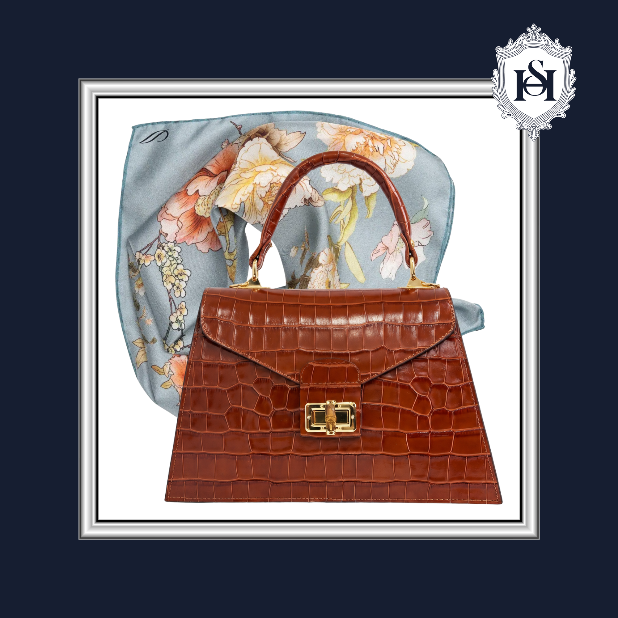Brown crocodile-patterned handbag with gold clasp on a floral background