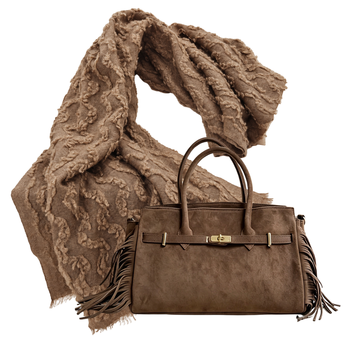 THE MEGÈVE | Woman Ripple Cashmere Wrap & Fringe Suede Bag Pairing