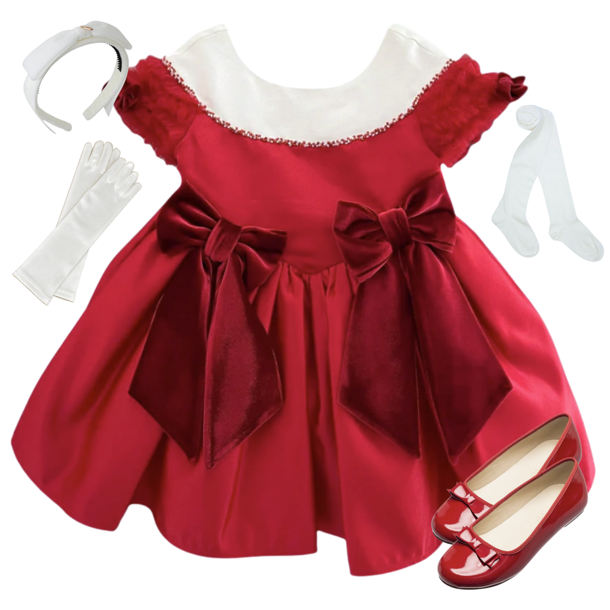 The Noelle girls' ensemble: red mikado satin dress with velvet bows and candy cane beading, white velvet bow headband, white satin gloves, white tights, and red patent bow flats.