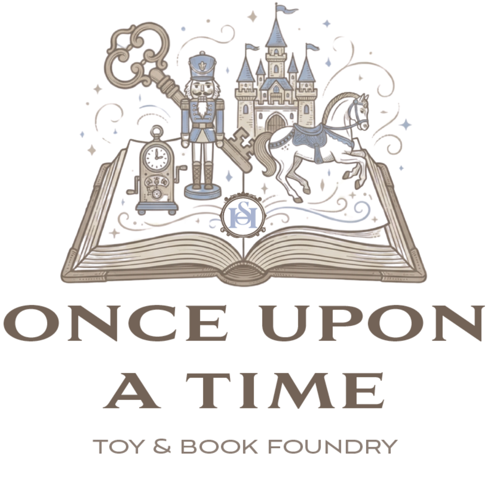 Logo for 'Once Upon a Time Toy & Book Foundry' featuring an open book with fairy tale elements.