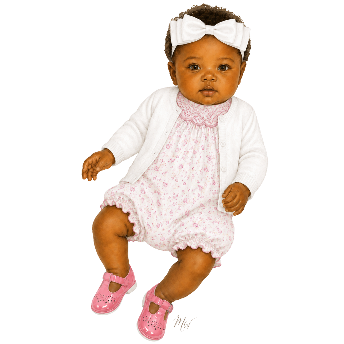 A baby dressed in a white cardigan, a pink floral romper, a white bow headband, and pink shoes, isolated on a white background.