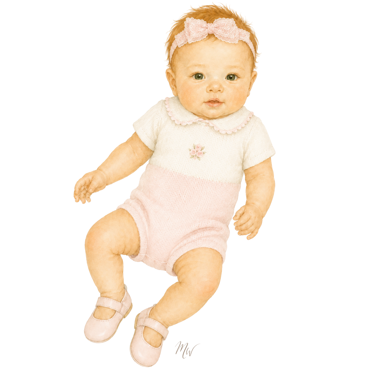 A watercolor-style illustration of a baby wearing a short-sleeve knit romper in white and pale pink, with a matching pink bow headband and pink ballet shoes, shown on a plain white background.
