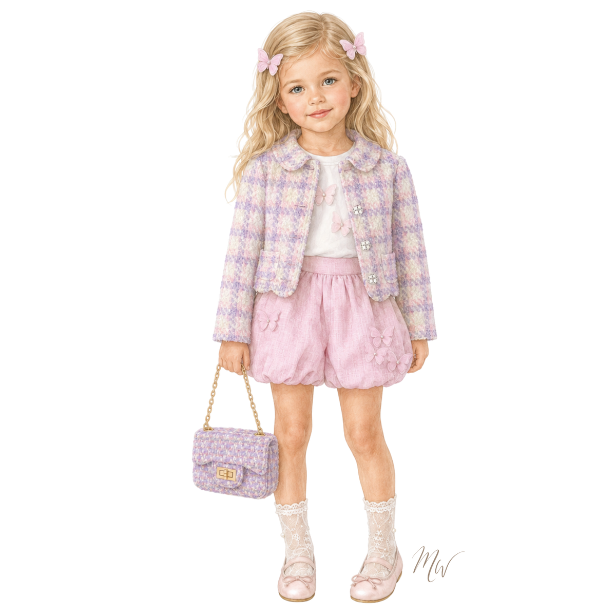 THE SAKURA BUTTERFLY | Girl Bouclé & Linen Ensemble