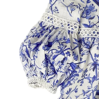 Blue floral patterned dress with white lace trim on a white background