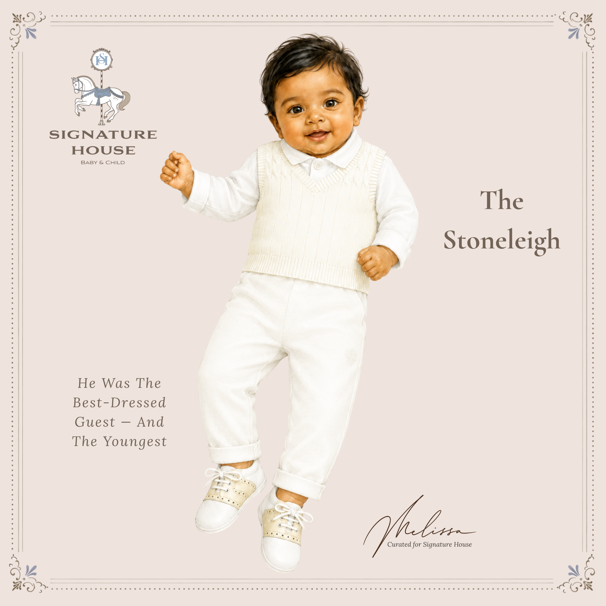 A baby wearing a white knit sweater vest, white long-sleeve shirt, white pants, and white sneakers jumps against a pale pink background with decorative text and the Signature House logo.