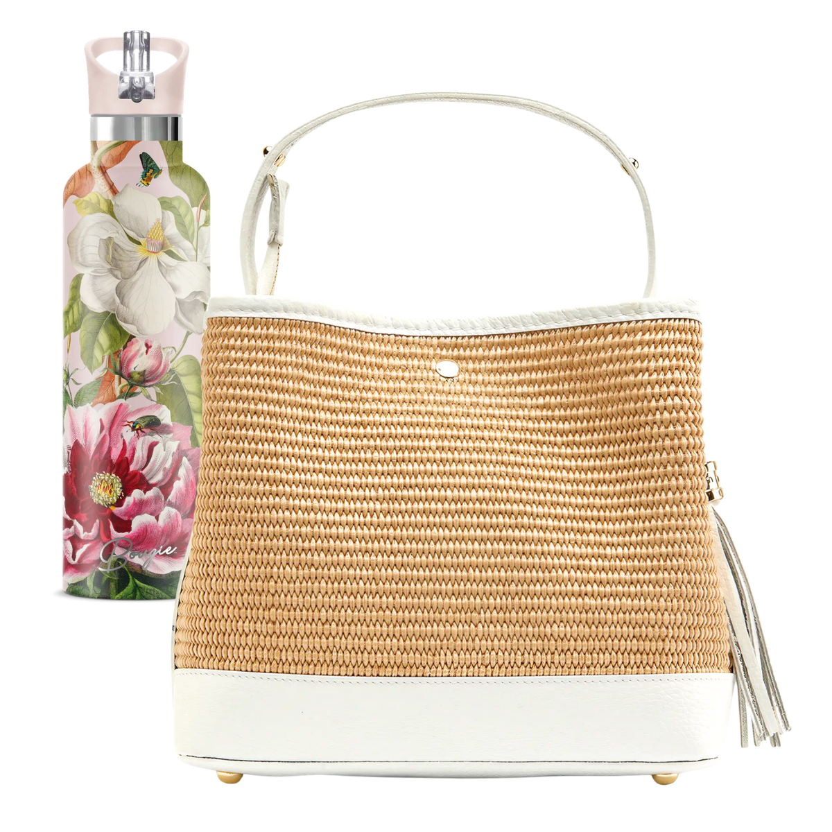 The Italian Botanical pairing: white leather-trimmed raffia top handle bag with a floral insulated bottle