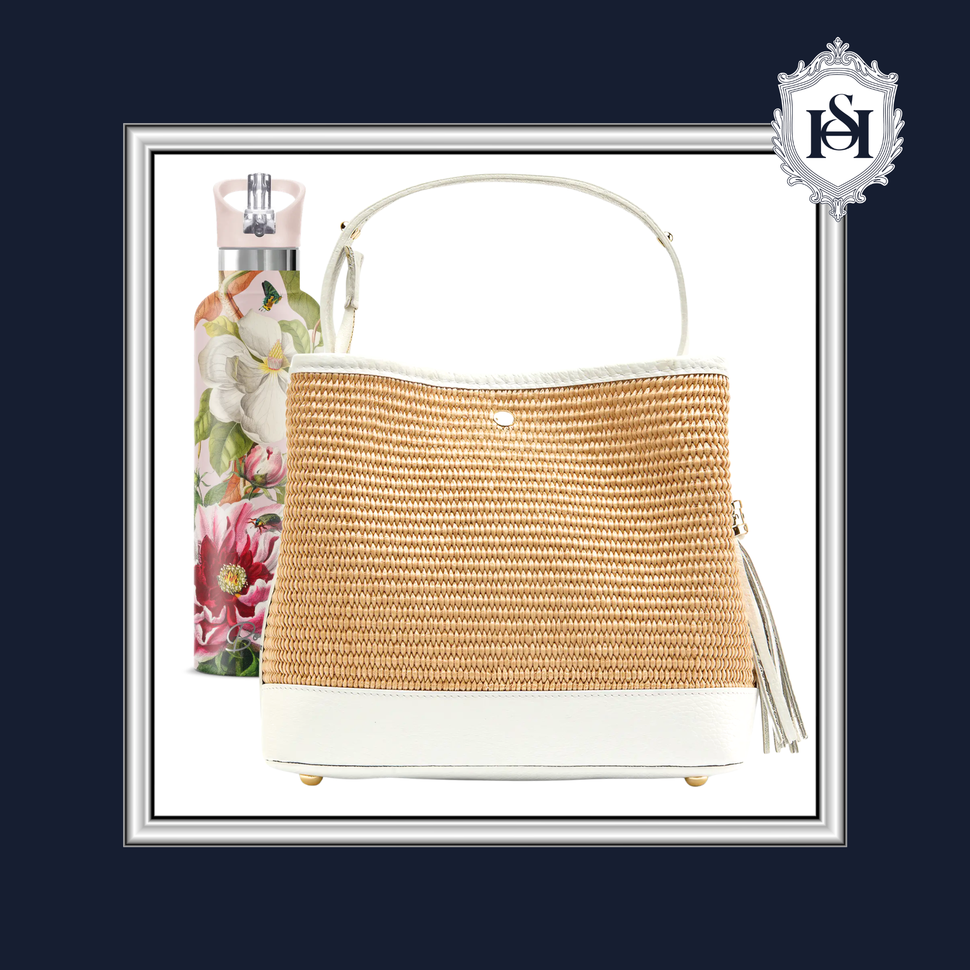 Woven handbag with white base and floral perfume bottle in the background