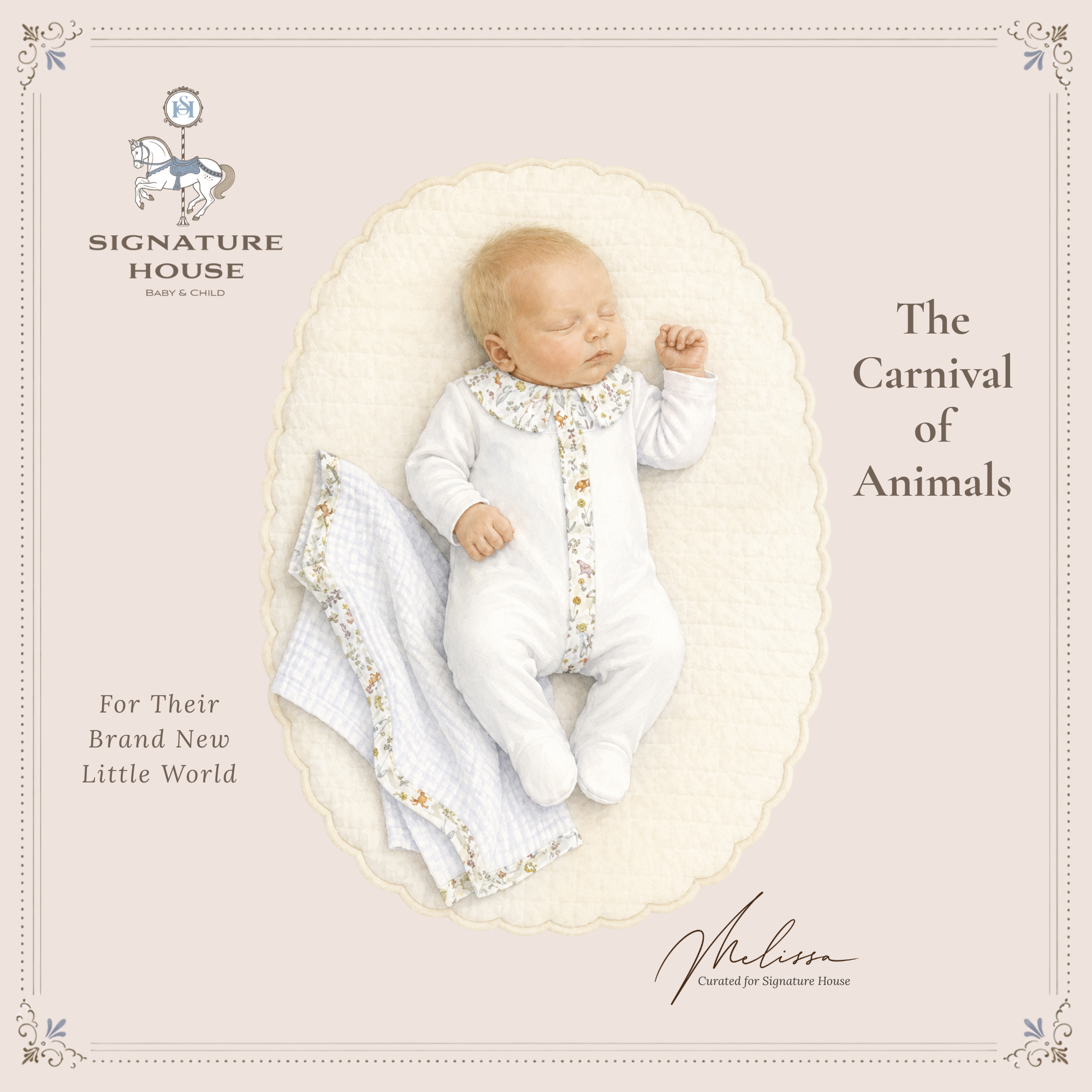 A baby in a white footed onesie with floral trim sleeping on a quilted cream blanket, centered on a pale pink background with decorative text and the Signature House logo.