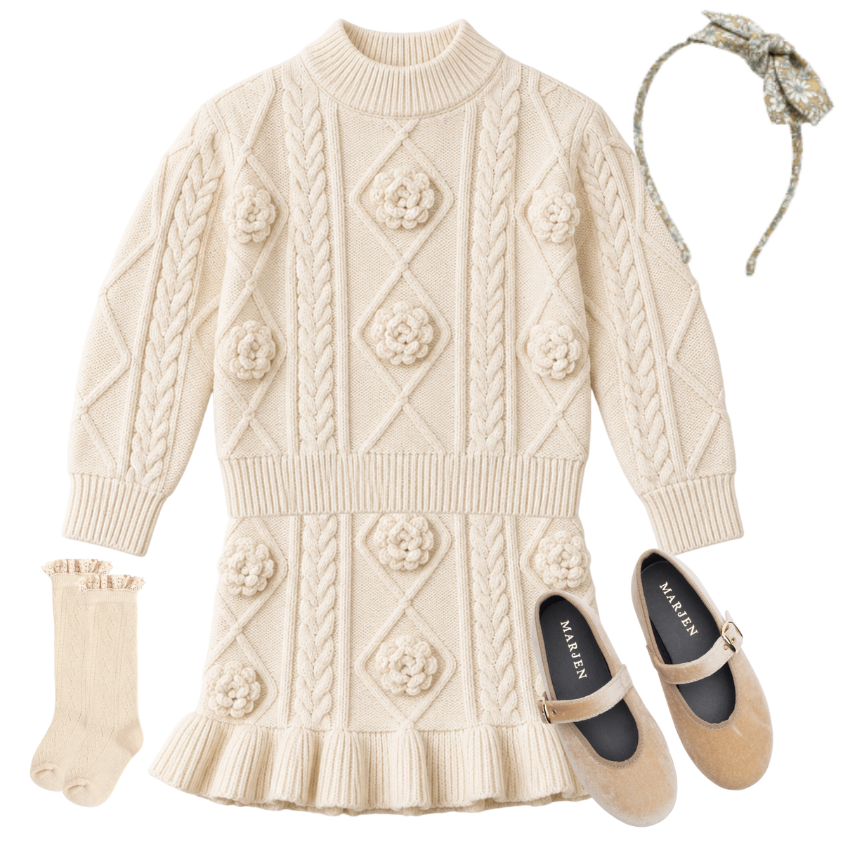 THE WINTER BLOOM | Girl 3D Floral Knit Sweater & Skirt Ensemble