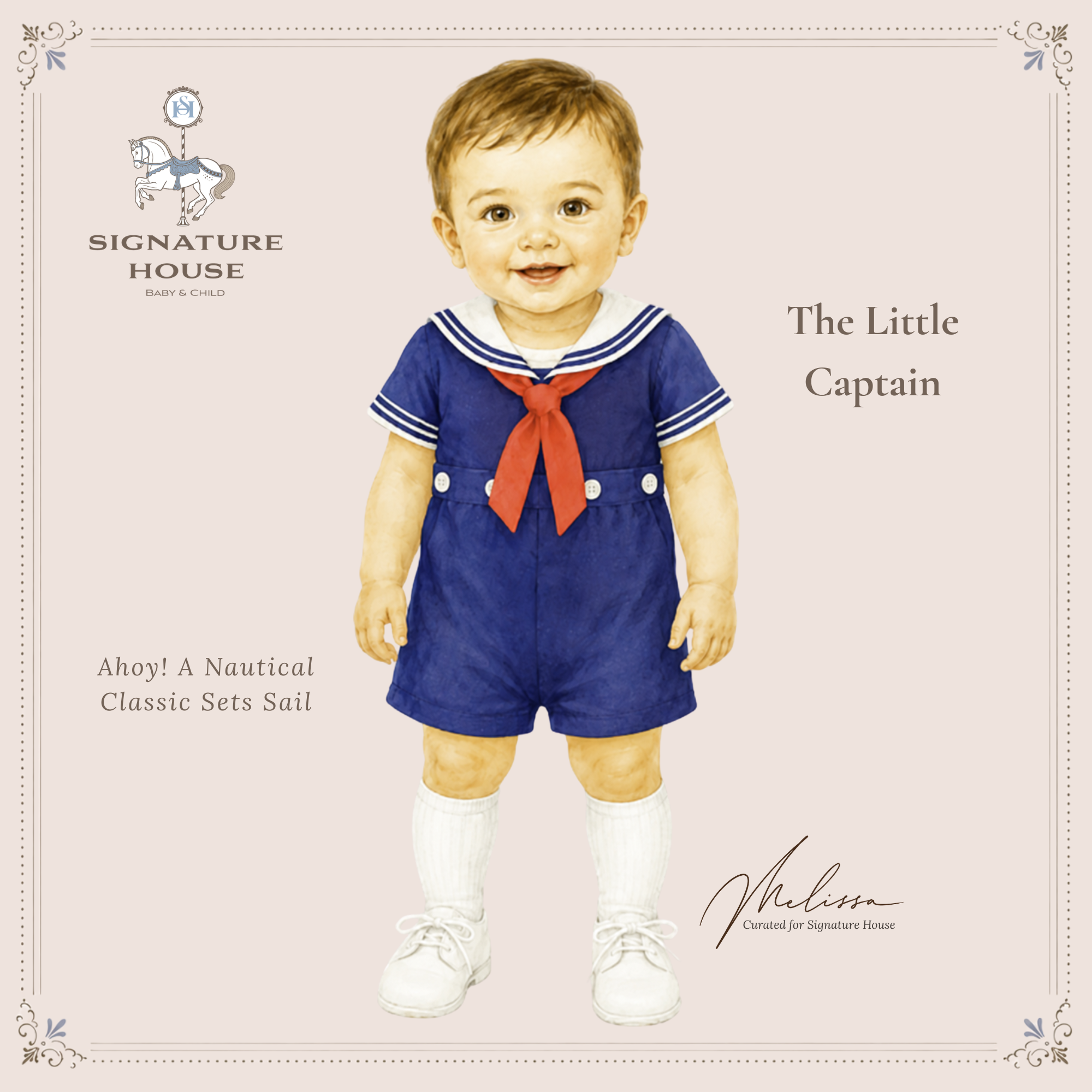A vintage-style catalog illustration of a young child wearing a navy blue sailor outfit with a red bow tie, white socks, and white shoes, centered on a pale pink background with decorative text and the Signature House branding.