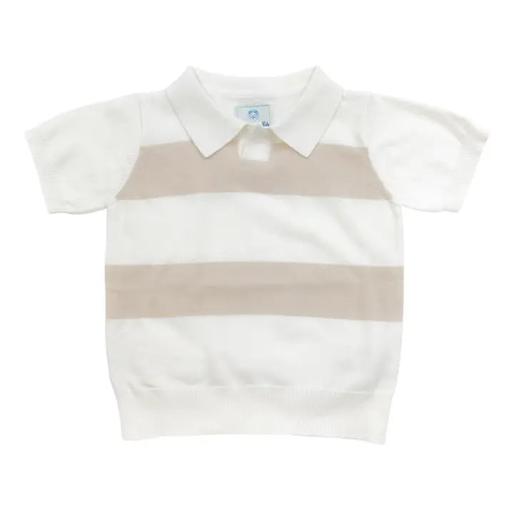 White Knit Johnny Collar Shirt with Beige Stripes