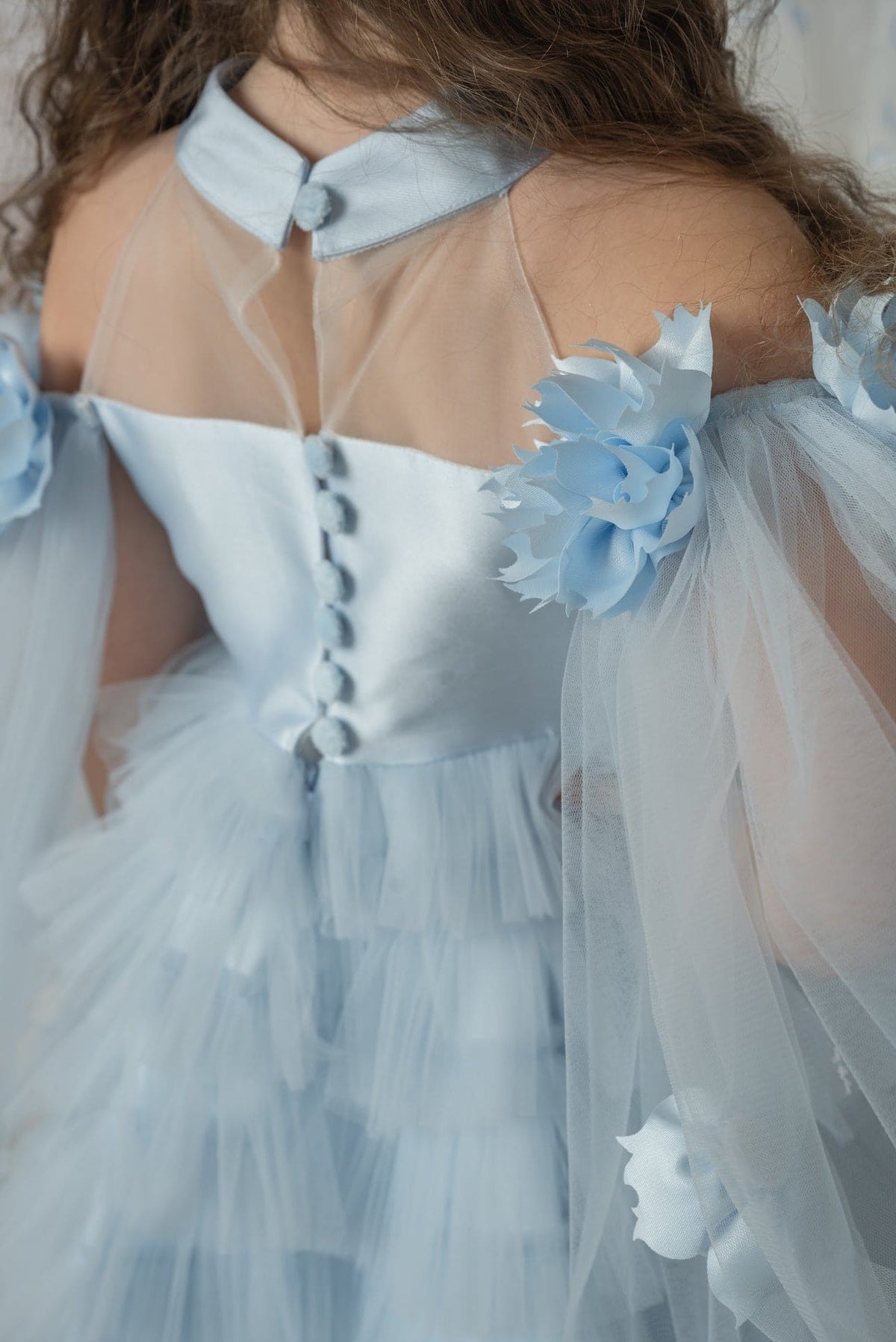 THE PETIT TRIANON | Girl Icy Blue Tulle & Floral Dress Ensemble