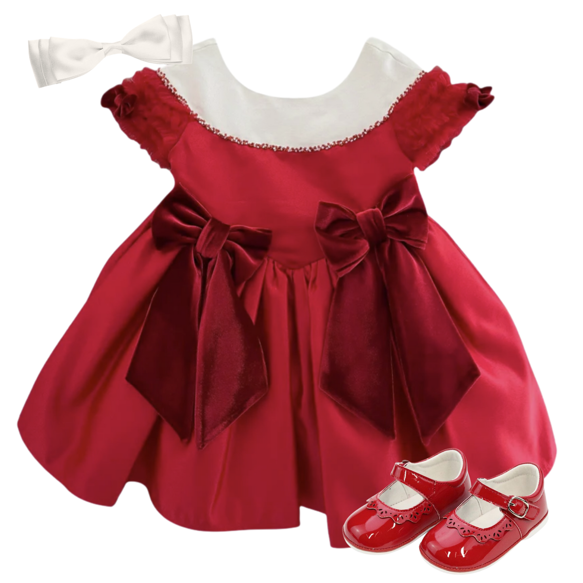 THE ALEXANDRA | Baby Girl Crimson Velvet & Mikada Dress Ensemble
