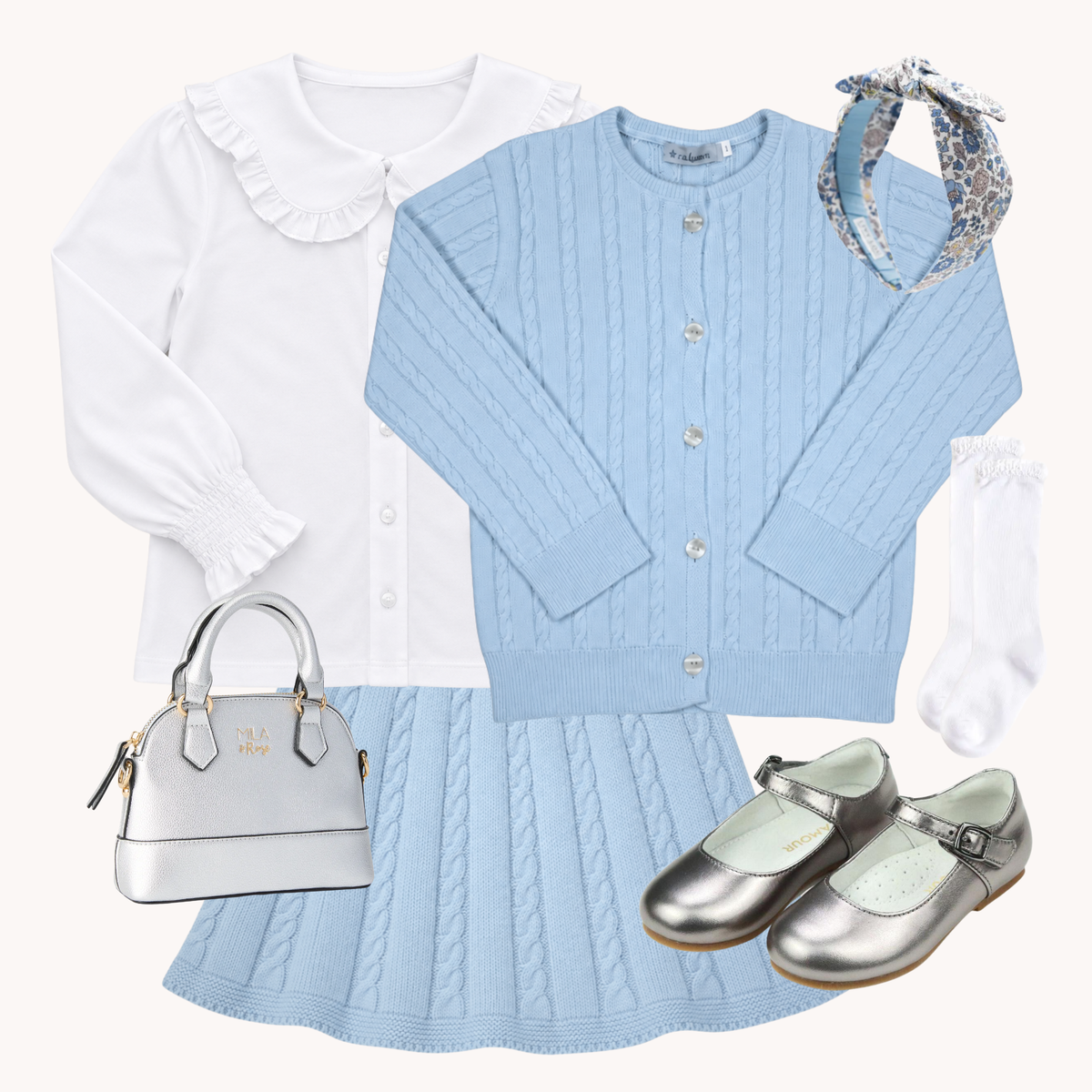 THE AMÉLIE | Girl Blue Cable Knit Cardigan & Skirt Ensemble