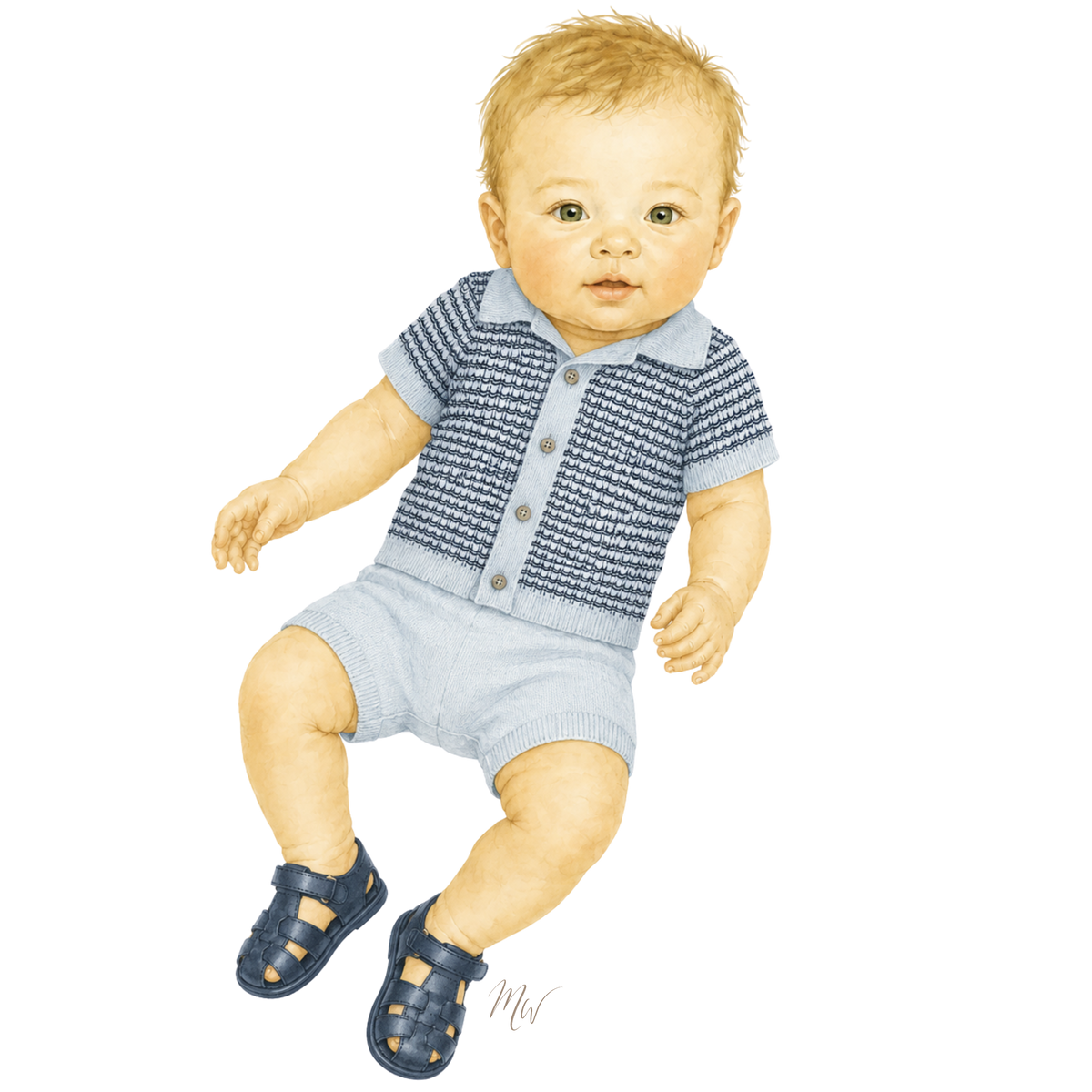 Baby boy in knit button up shirt and shorts set with navy fisherman sandals.