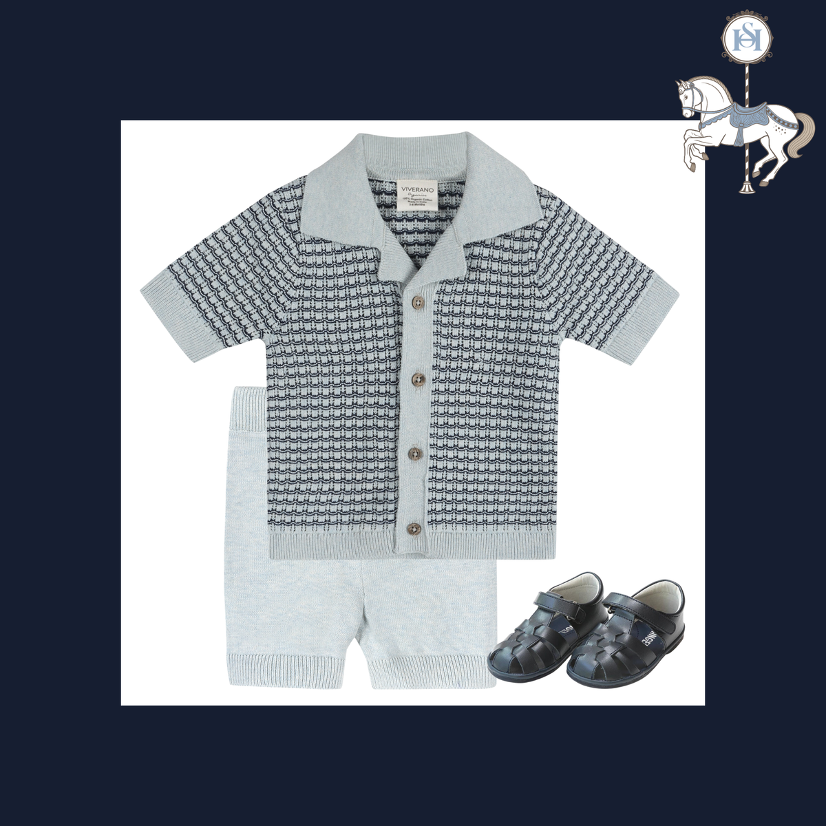 Baby boy's two-piece knit outfit set featuring a short-sleeve button-up cardigan and matching shorts in a gray and white houndstooth pattern, accompanied by a pair of dark blue leather sandals. The set is presented on a white background with a dark navy blue border, and a carousel horse logo is visible in the top right corner.
