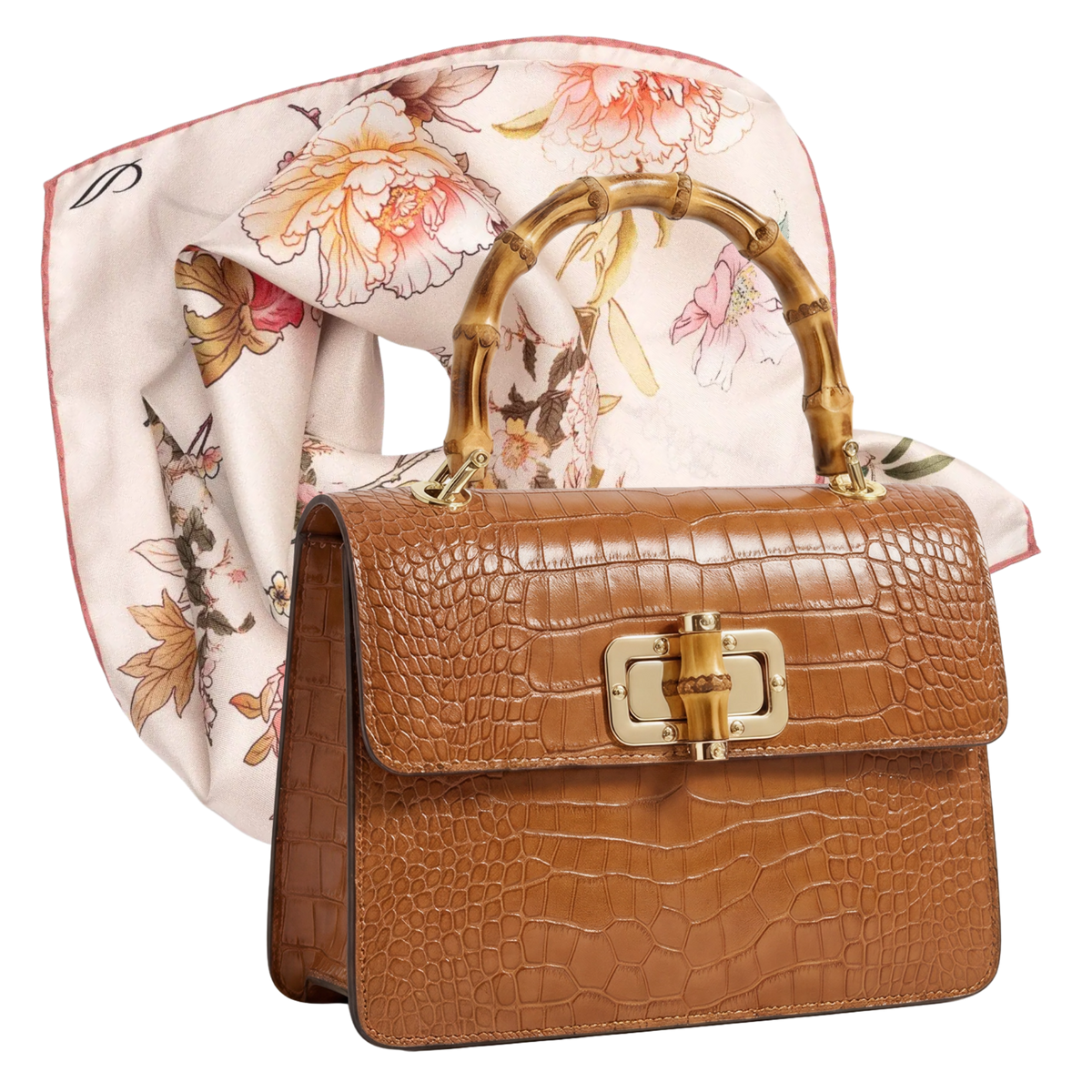 The Blush Giardino pairing: cognac crocodile-effect leather top handle bag with a blush floral silk bandana