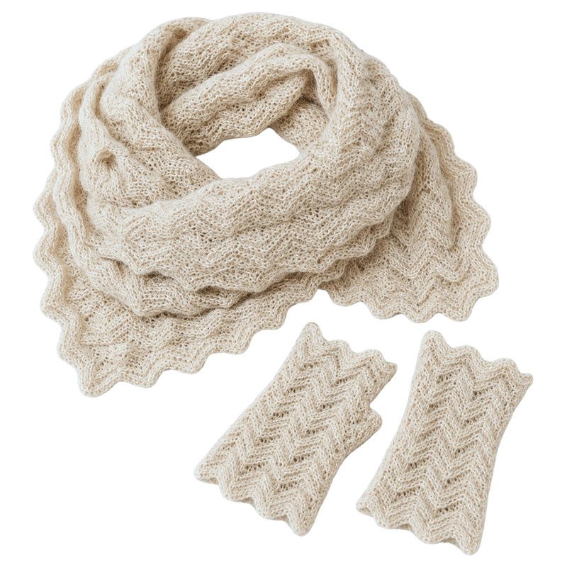 Beige Alpaca Crochet Scarf & Fingerless Gloves
