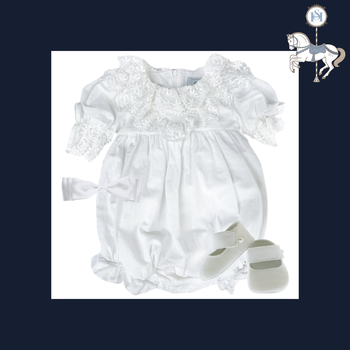 White linen and lace bubble romper Christening outfit with oversized white satin bow headband and silk shantung baby shoes with pearl closure.
