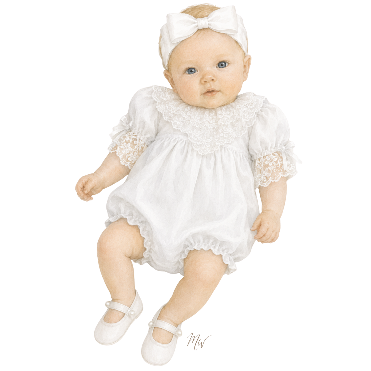 A baby dressed in a white lace-trimmed romper with short sleeves, ruffled trim, a matching white bow headband, and white Mary Jane shoes, shown on a plain white background.