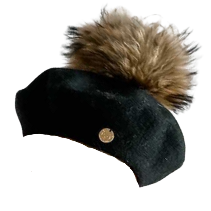 Black Beret with Natural Fur Pom