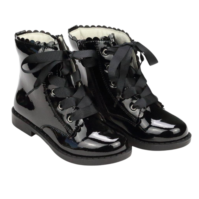 Black Patent Boots with Grosgrain Ribbon Laces