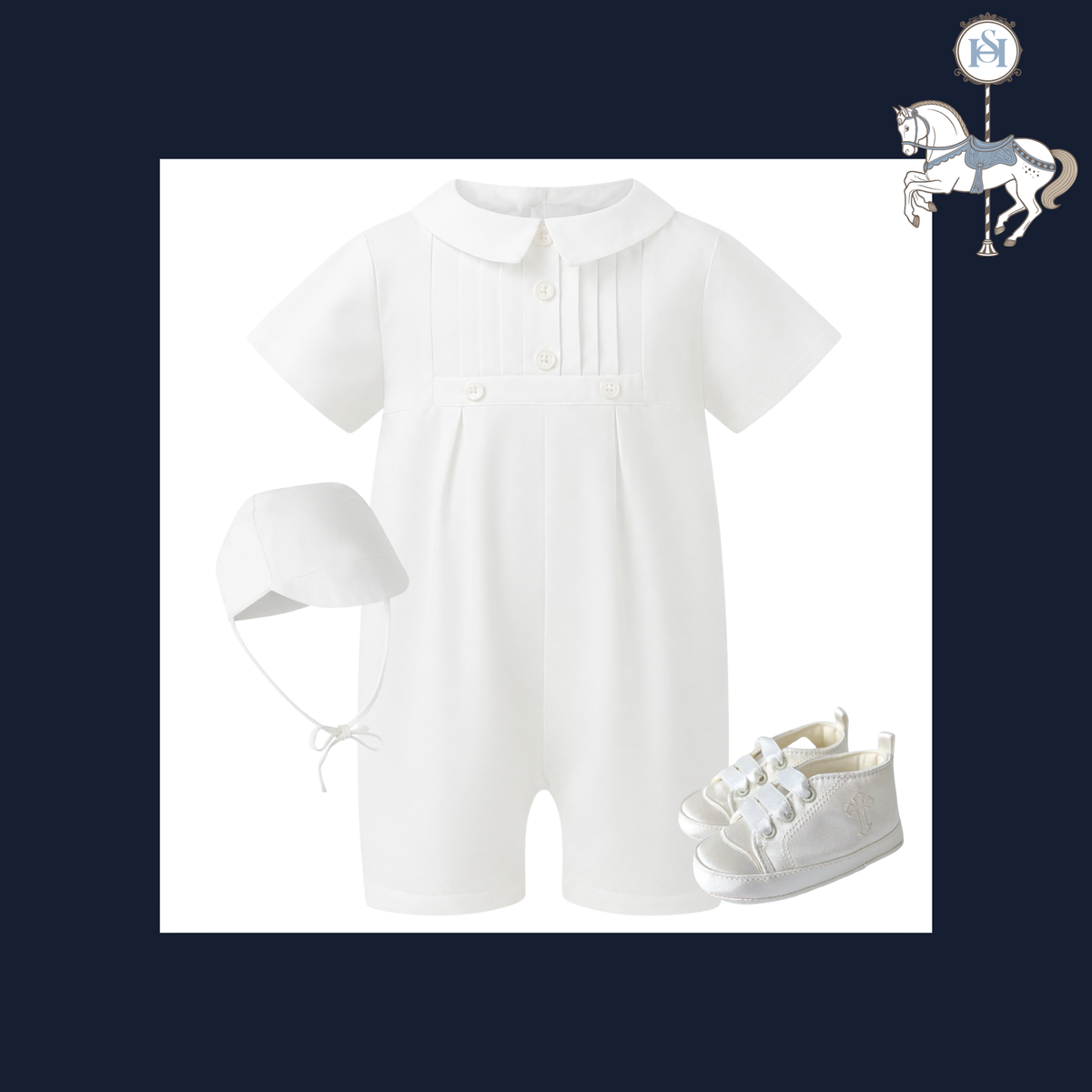 Baby boy Christening romper with pleated bodice, a matching bonnet and satin high-top sneakers with embroidered cross.