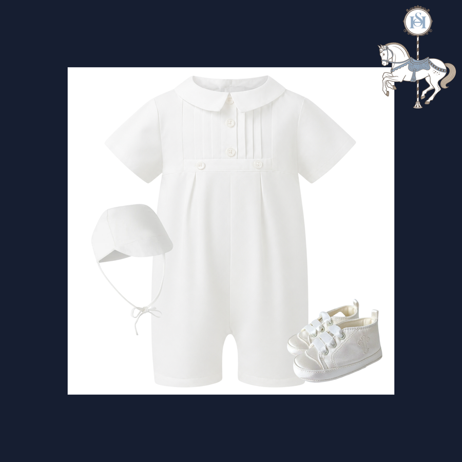 Baby boy Christening romper with pleated bodice, a matching bonnet and satin high-top sneakers with embroidered cross.