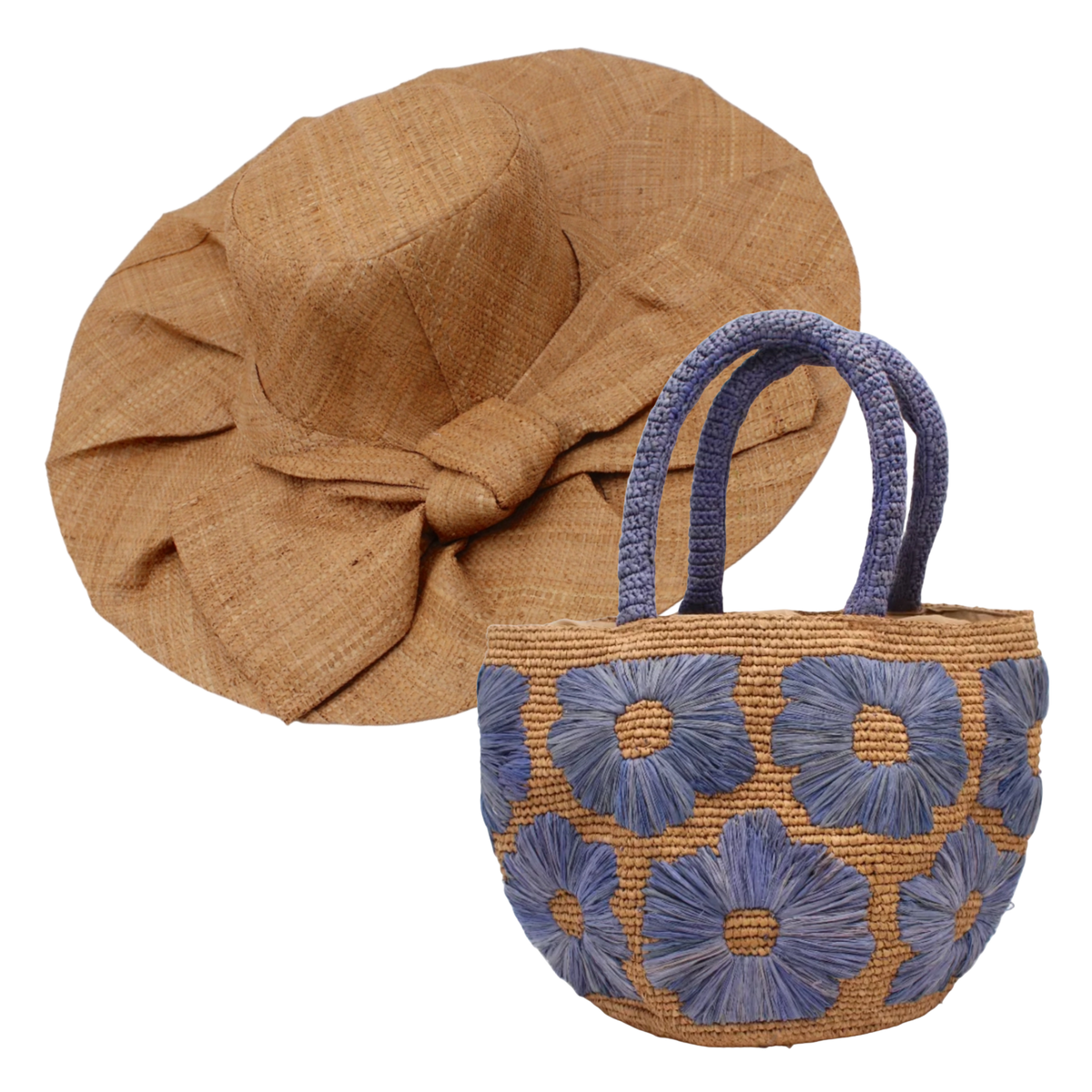 The Blue Dahlia pairing: raffia basket bag embroidered with blue dahlias and a cappuccino wide-brim raffia sun hat