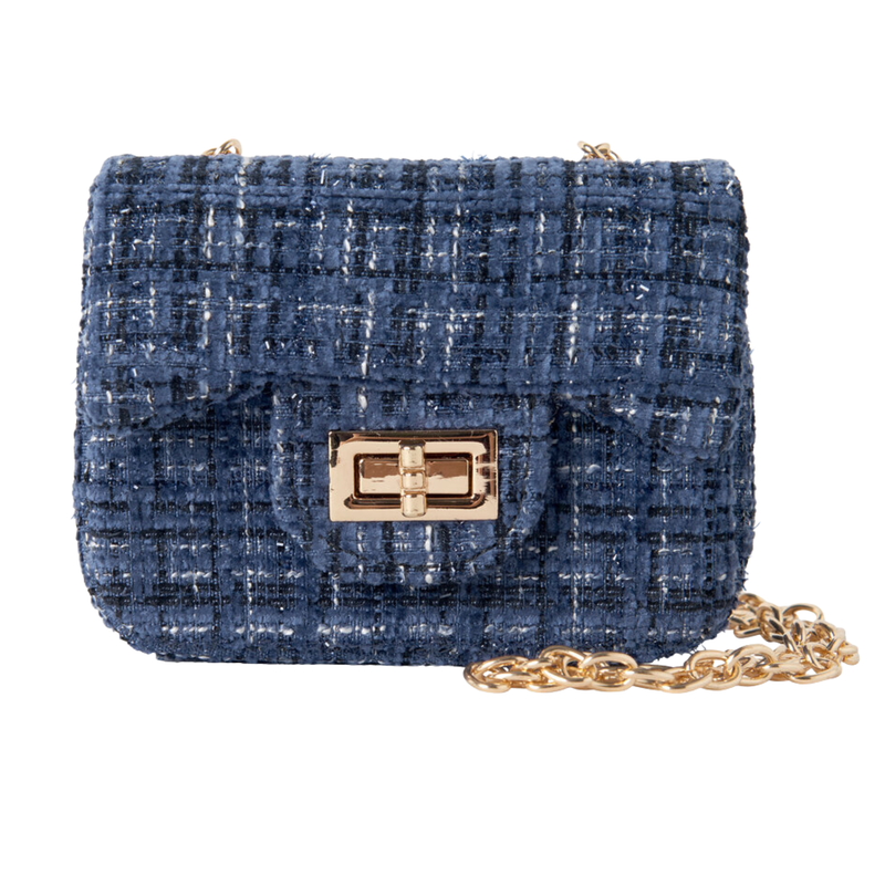 Navy Tweed Crossbody Bag with Gold Chain