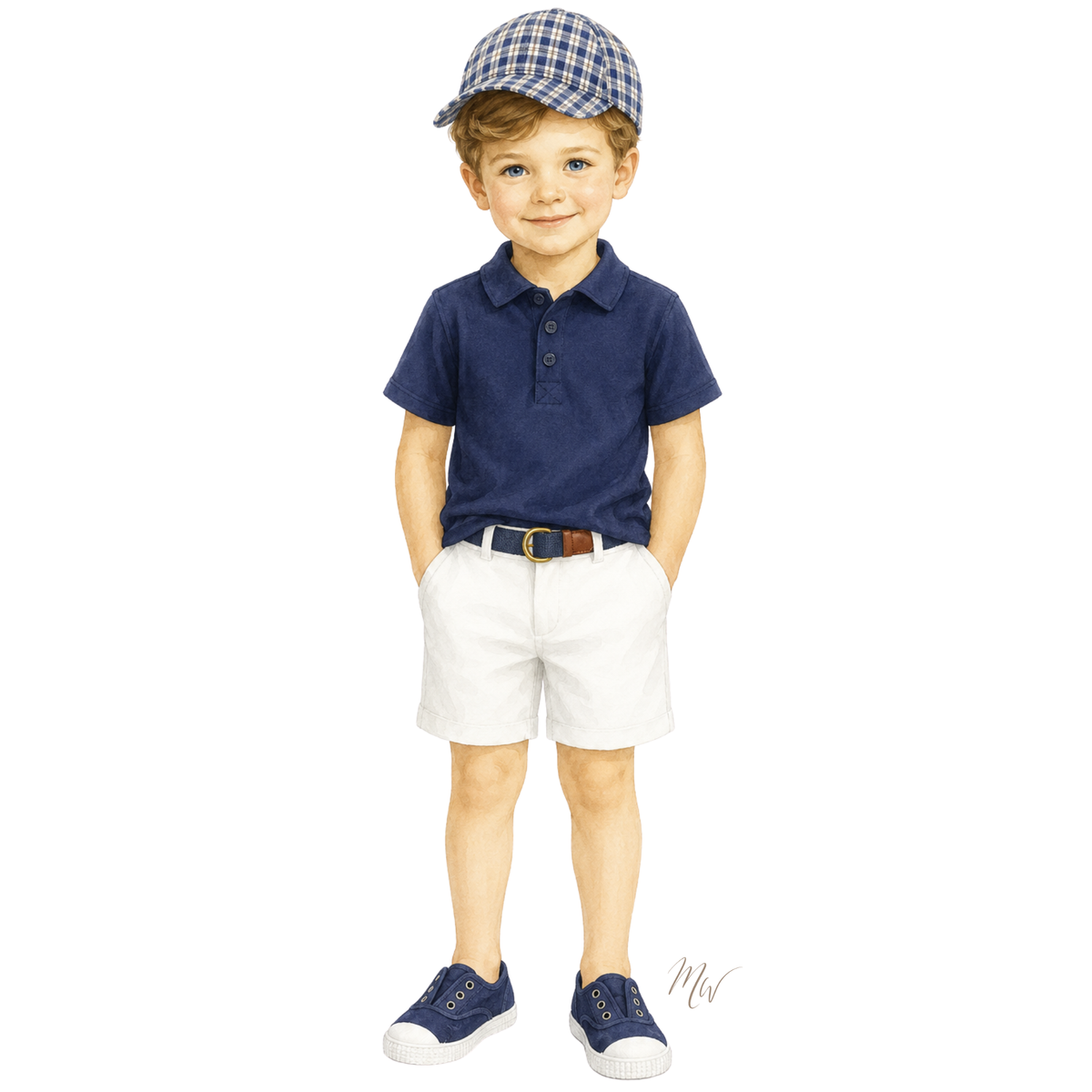 A young boy modeling a navy blue short-sleeve polo shirt, white shorts, a brown belt, navy blue sneakers, and a blue and white checkered flat cap, set against a plain white background.
