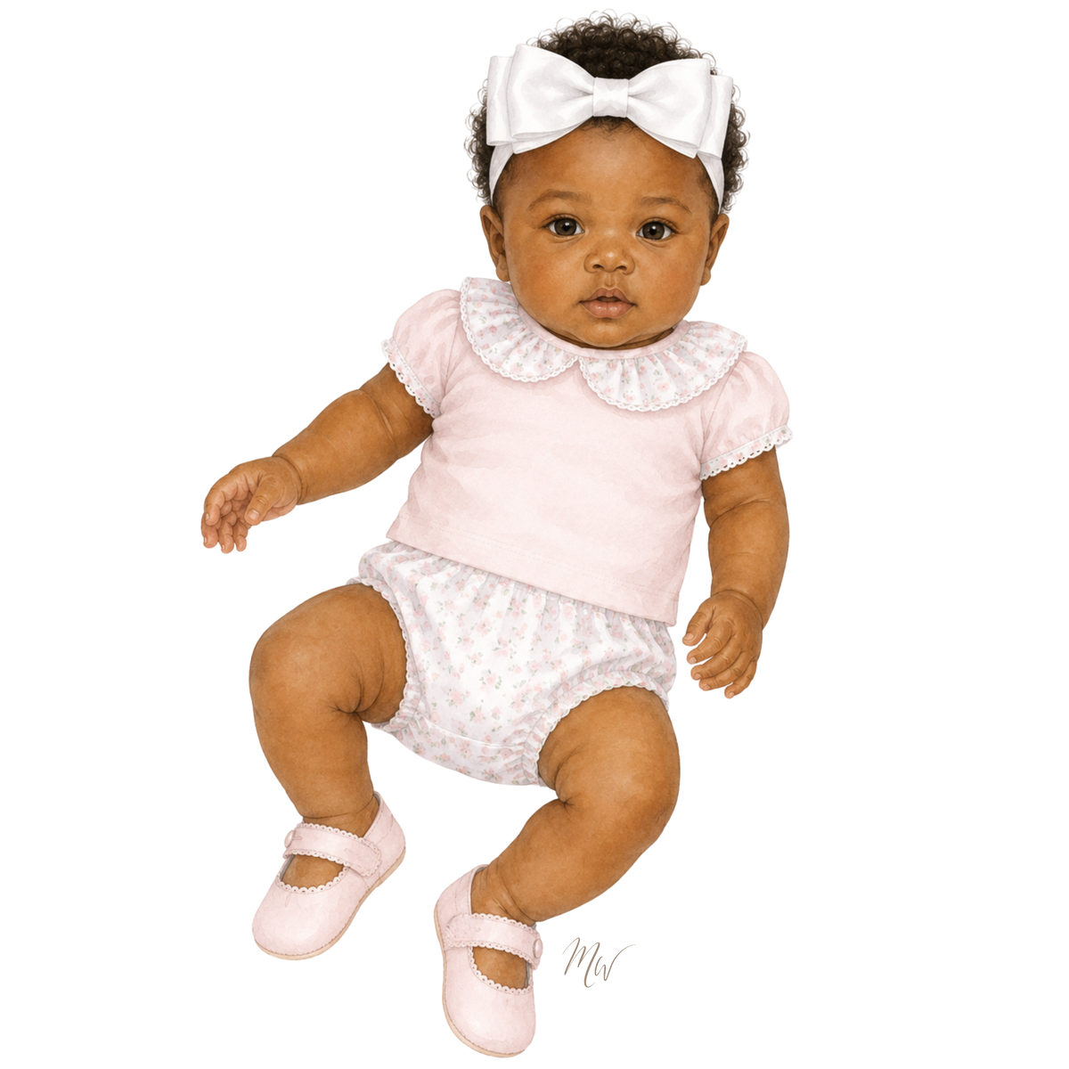 A baby wearing a light pink short-sleeve top with a white lace Peter Pan collar, matching white patterned diaper cover, a large white bow headband, and pink Mary Jane shoes, shown against a plain white background.