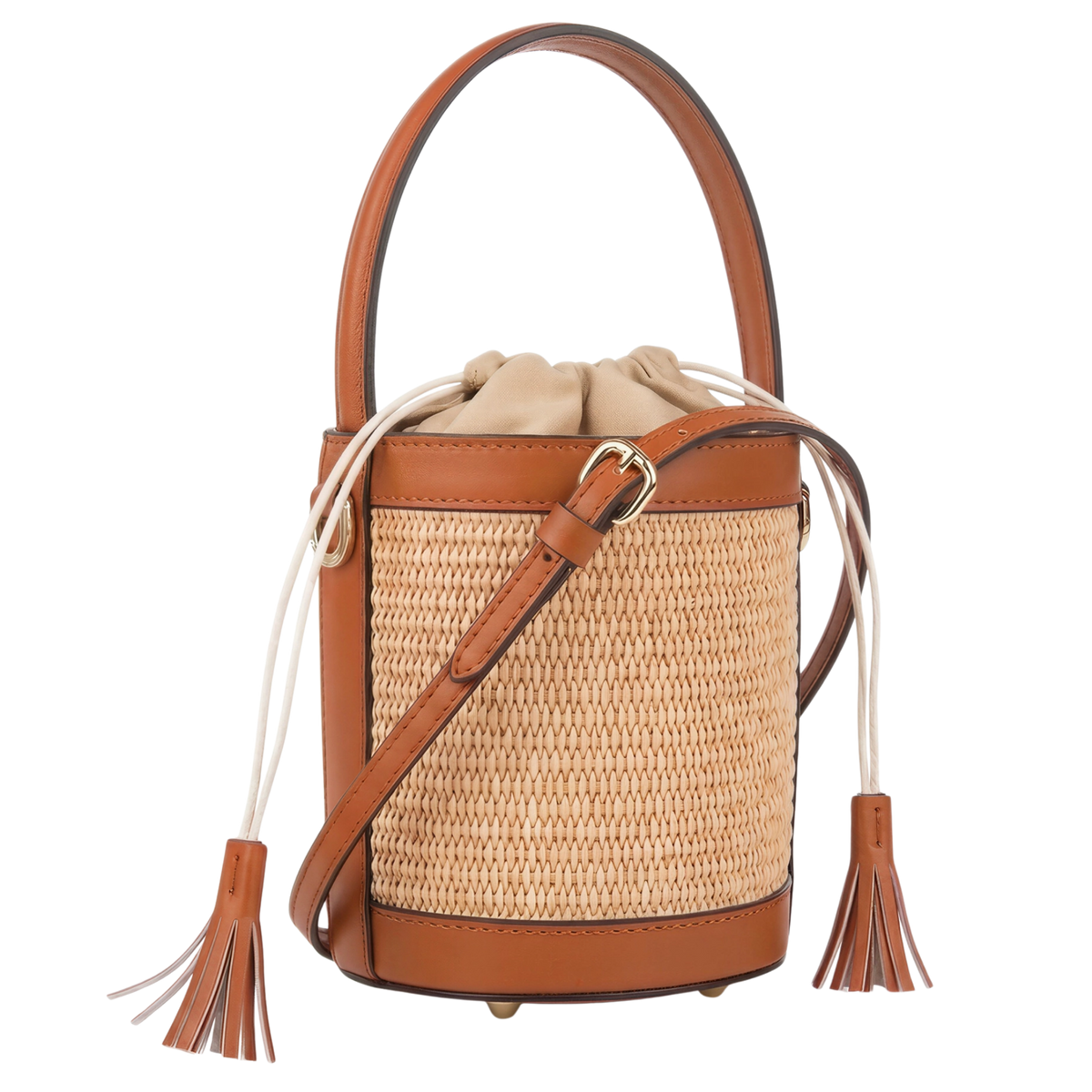 THE BUCKET | Woman Raffia & Cognac Leather Bag