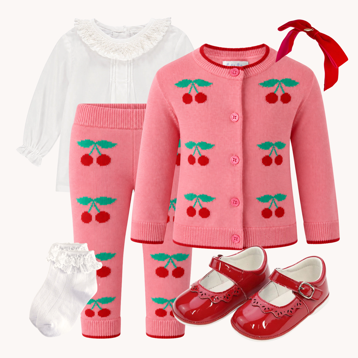 THE CHERRIES JUBILEE | Baby Girl Knit Cardigan & Pants Ensemble