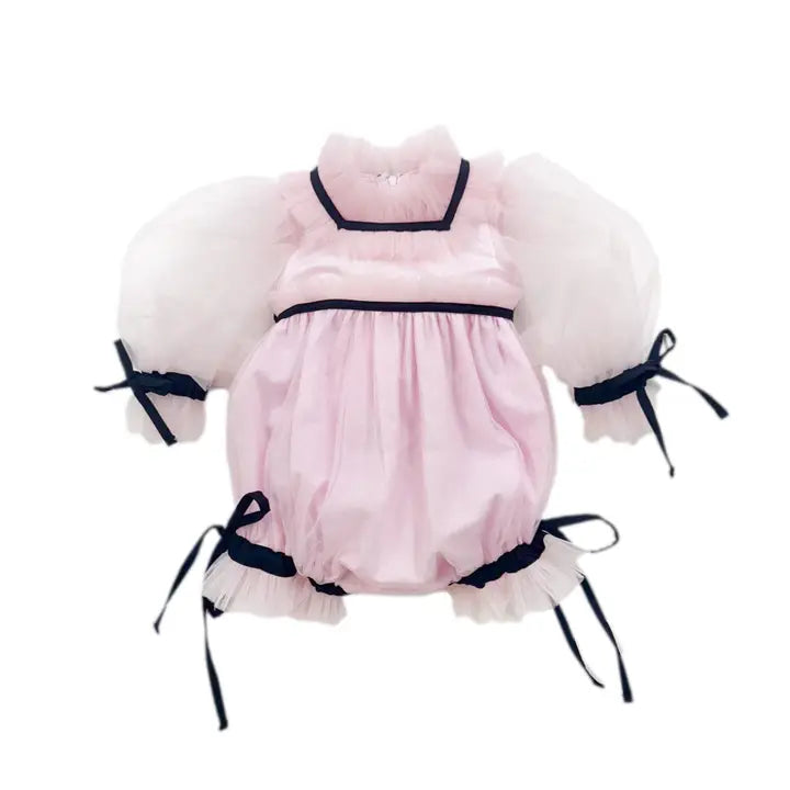 Pink Tulle Romper with Black Trim