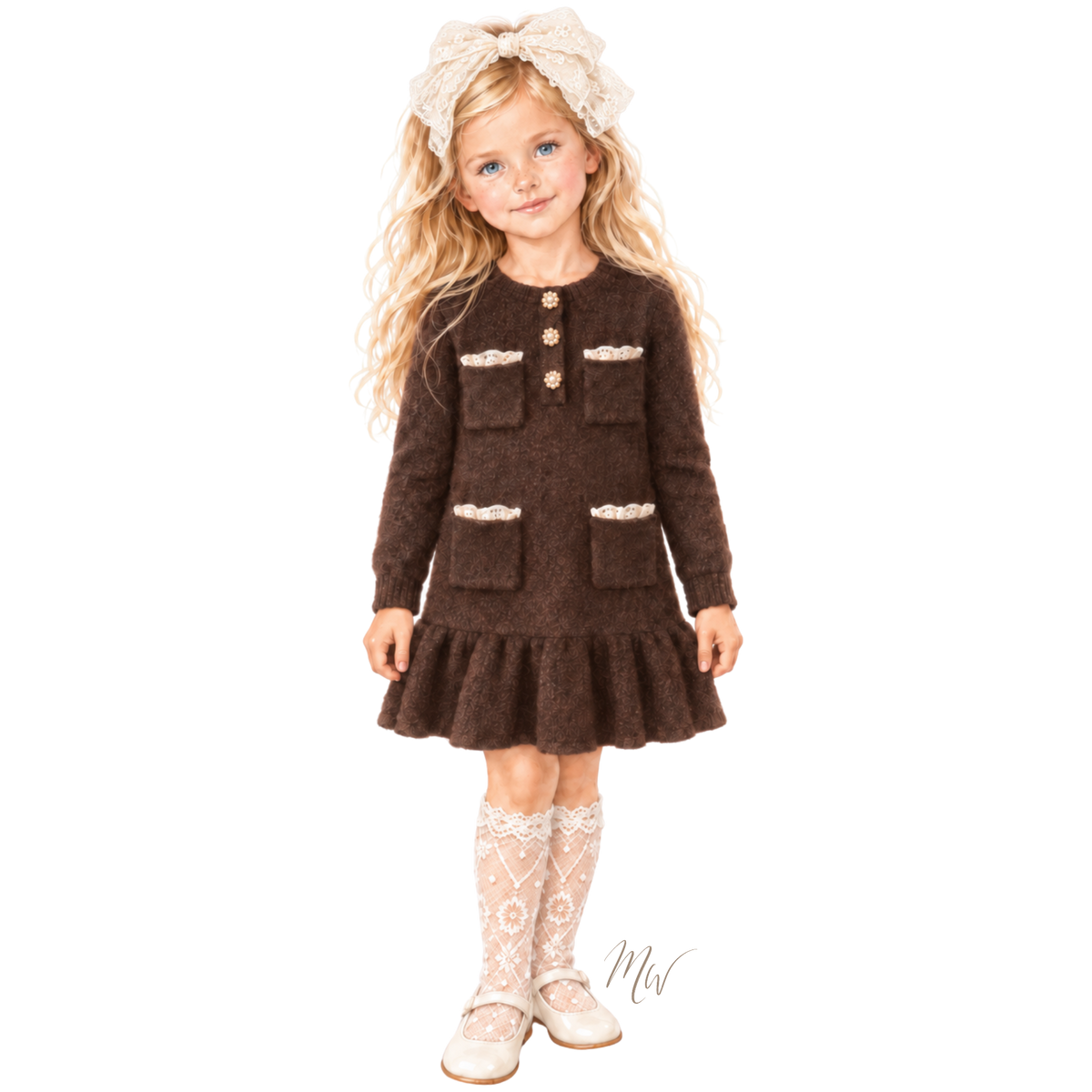 THE COCOA CHANTILLY | Girl Brown Knit & Lace Dress Ensemble | Nº 3 Baby & Child