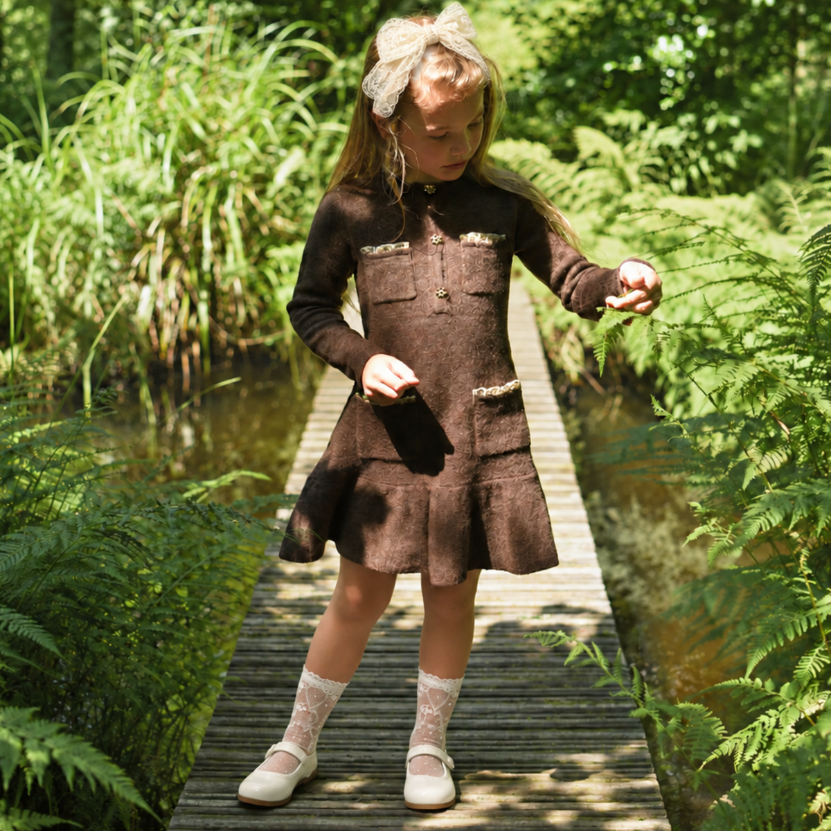 THE COCOA CHANTILLY | Girl Brown Knit & Lace Dress Ensemble | Nº 3 Baby & Child