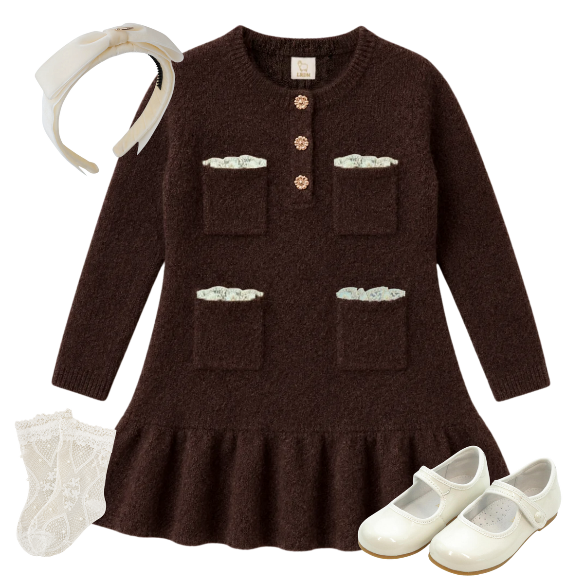 Girl wearing The Cocoa Chantilly chocolate brown knit dress with ivory bow headband, lace knee socks, and ivory Mary Janes
