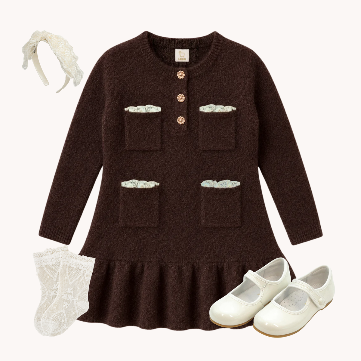 THE COCOA CHANTILLY | Girl Brown Knit & Lace Dress Ensemble
