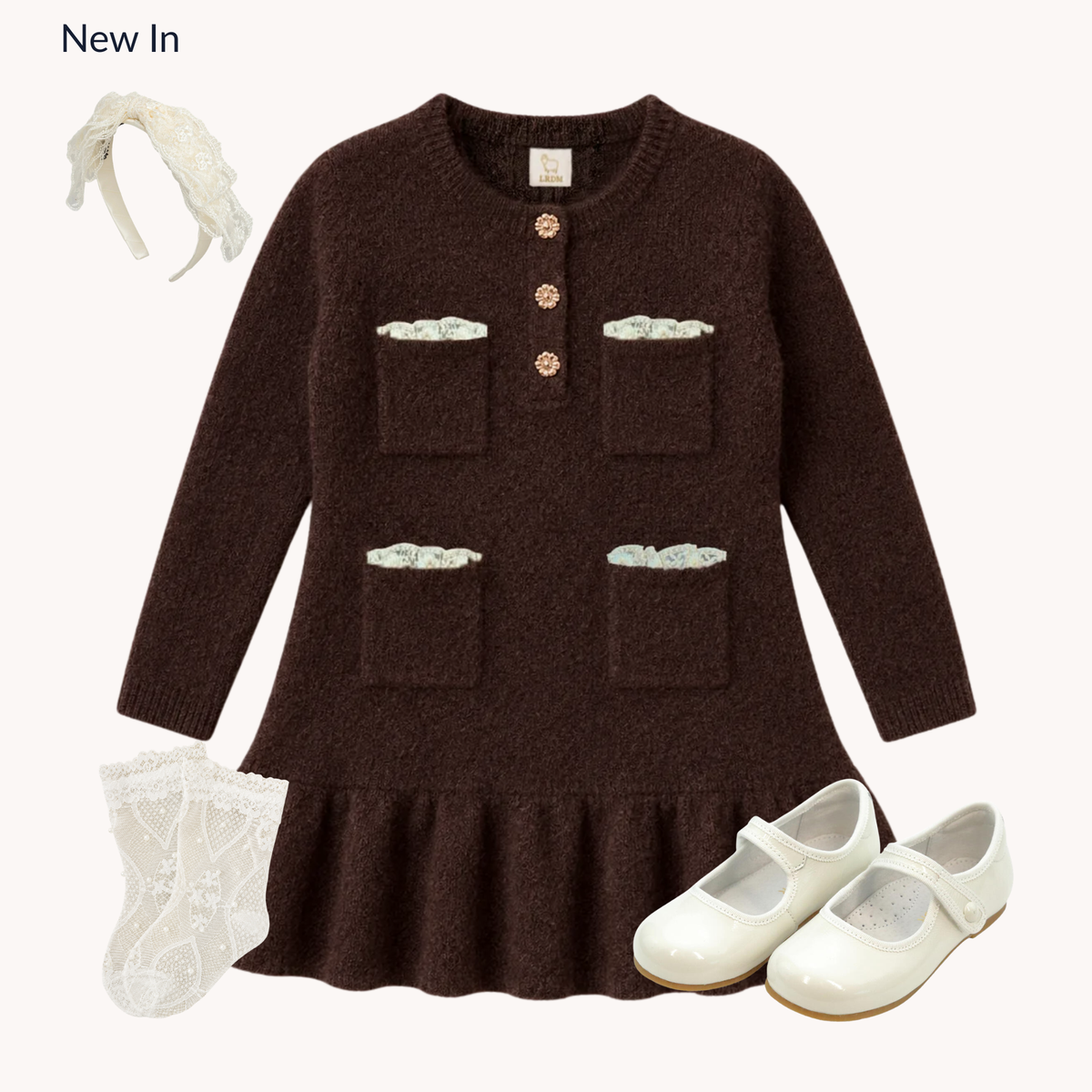 THE COCOA CHANTILLY | Girl Brown Knit & Lace Dress Ensemble | Nº 3 Baby & Child