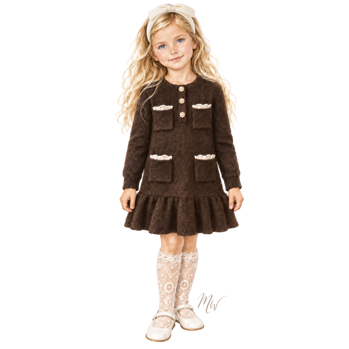The Cocoa Chantilly girls' chocolate brown knit dress ensemble with gold flower buttons, ivory velvet bow headband, ivory lace pearl socks, and ivory patent Mary Janes