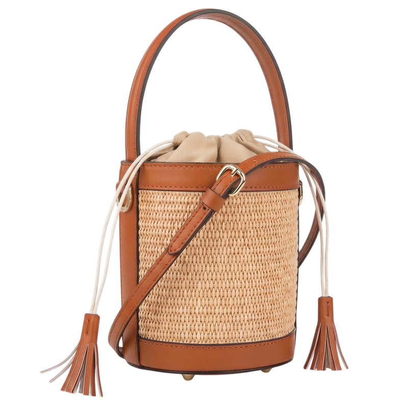 THE BUCKET BAG COGNAC LEATHER & RAFFIA