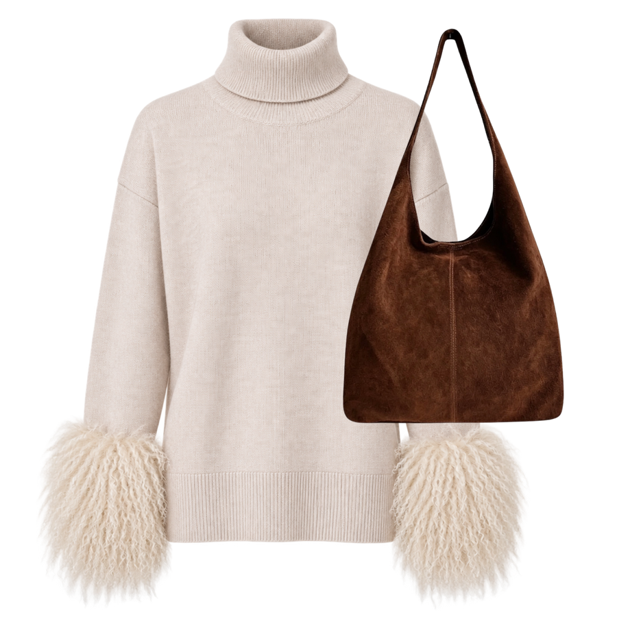 THE COURCHEVEL | Woman Shaggy-Cuff Sweater & Suede Hobo Pairing