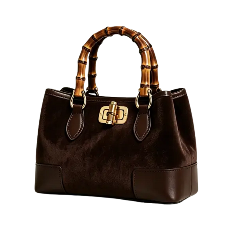 Chocolate Suede Bamboo Top Handle Bag