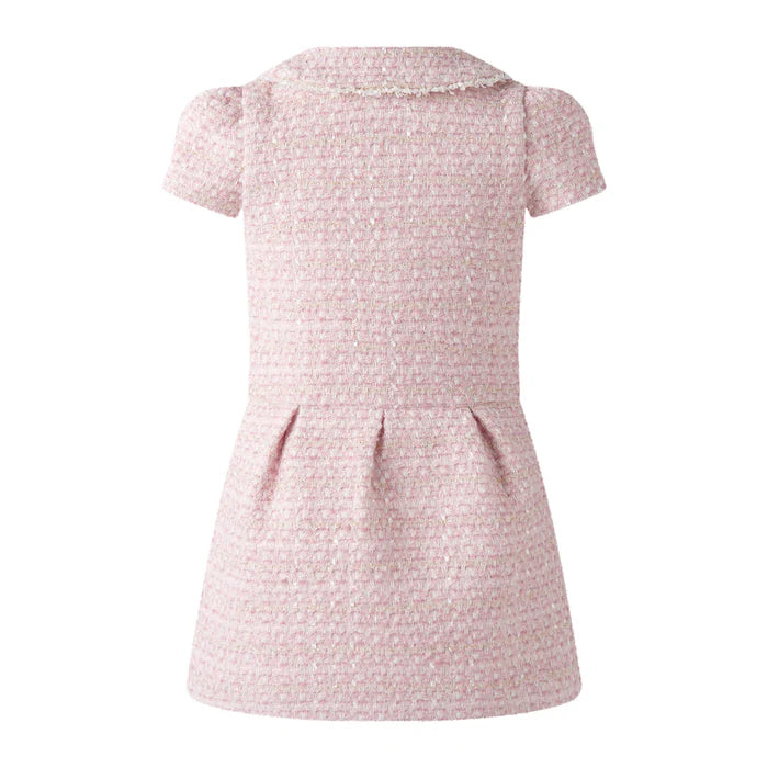 Pink textured dress with short sleeves on a white background