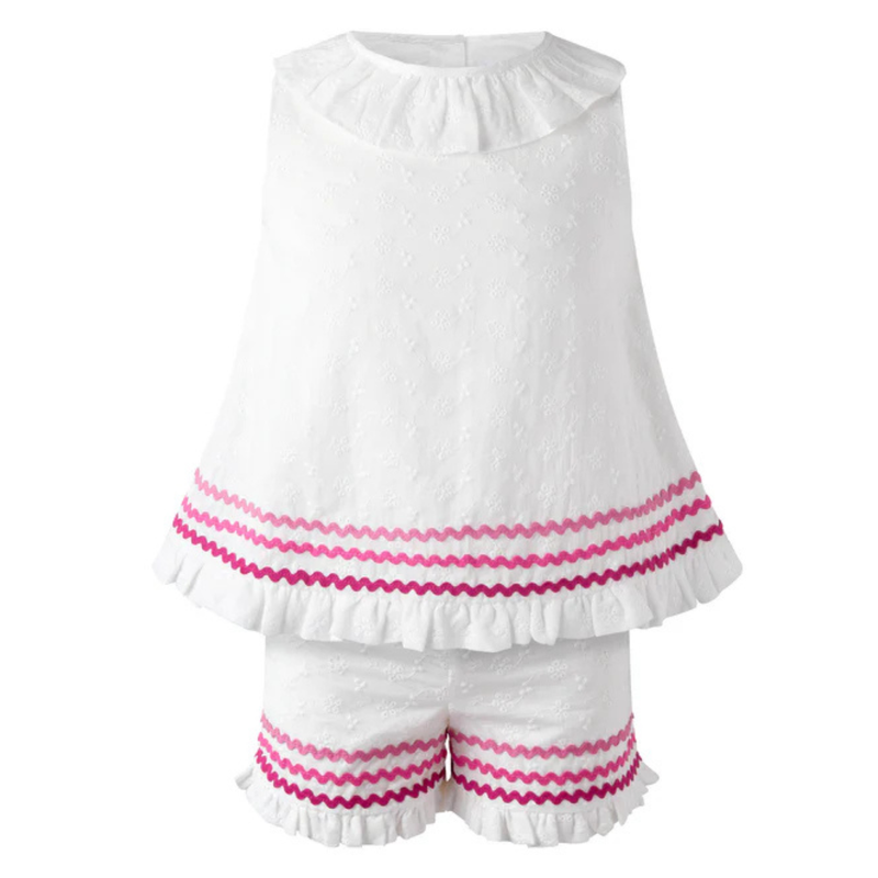 White Eyelet & Pink Ric Rac Shorts Set