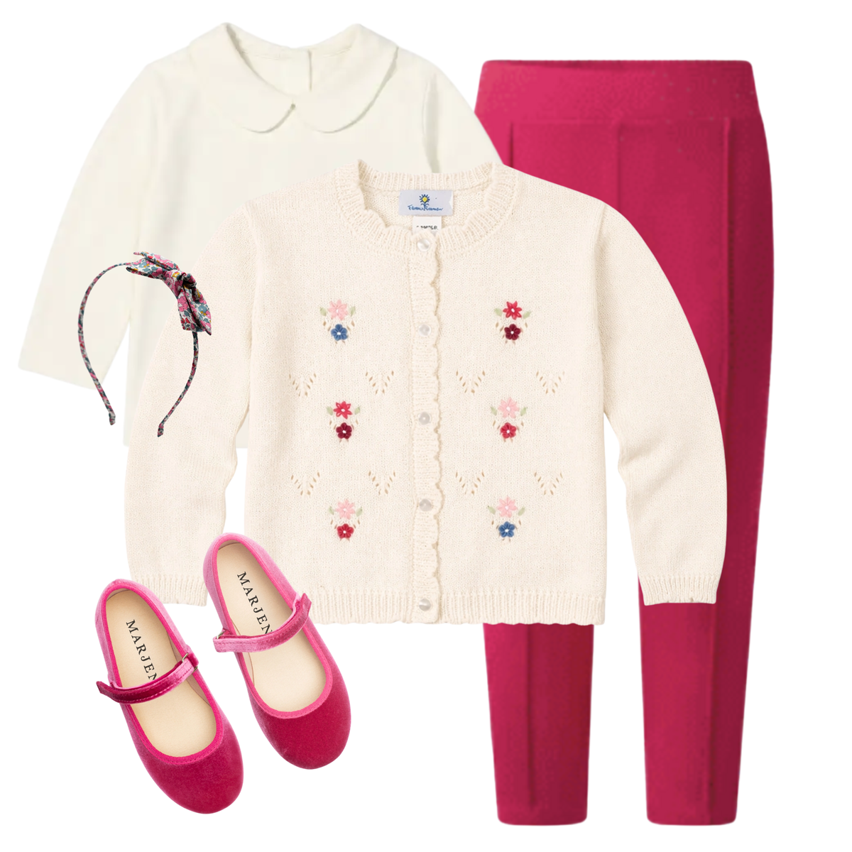 THE FUSCHIA GARDEN | Girl Knit Embroidered Floral Cardigan & Pants Ensemble